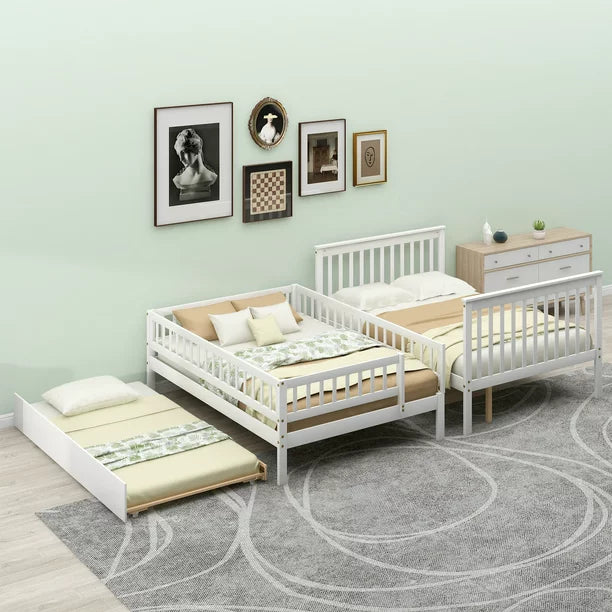Euroco Full over Full Bunk Bed with Trundle and Storage Shelves for Kids, White