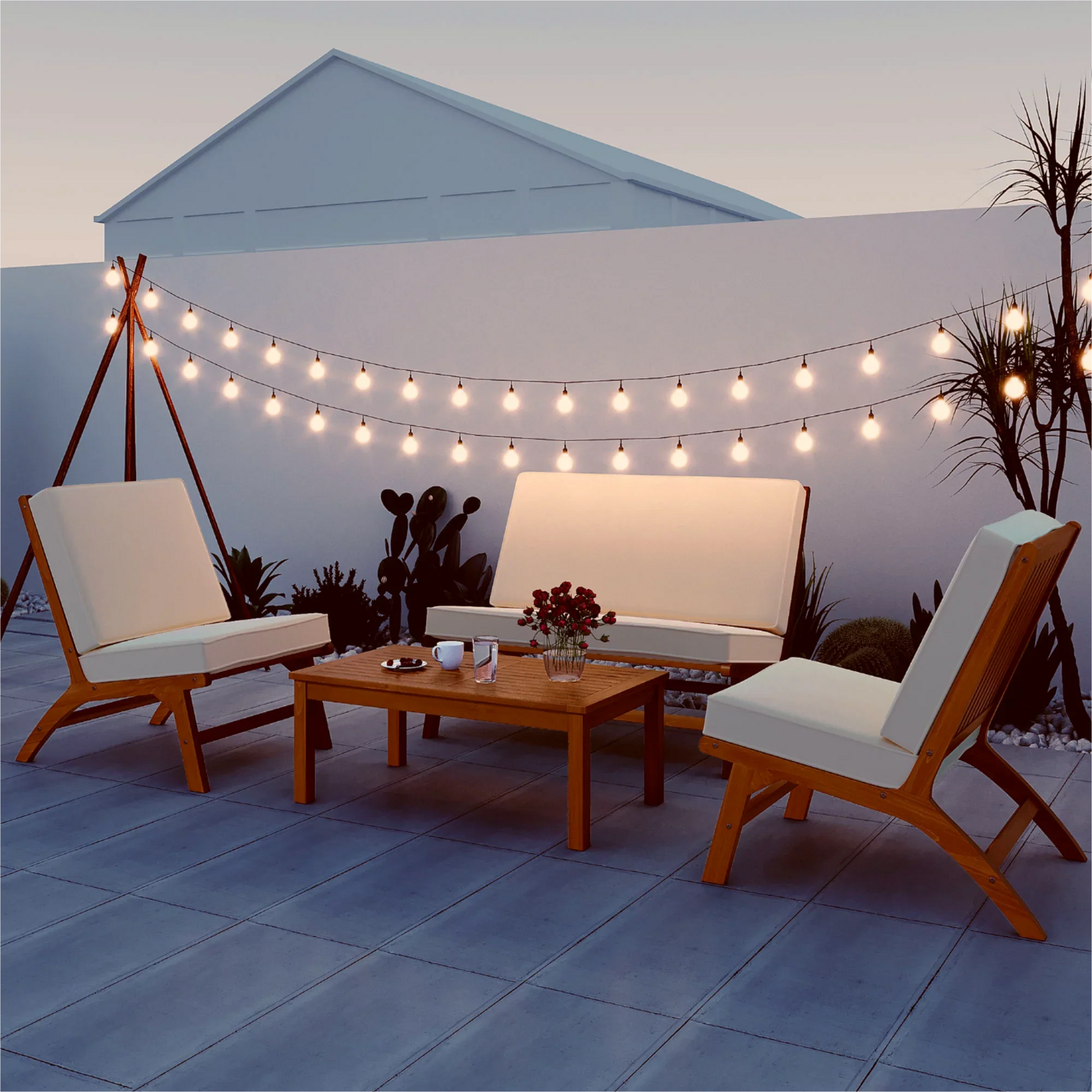 Euroco 4 Pieces Patio Seating Set with End Table, Acacia Solid Wood Outdoor Sofa, Outdoor Seating Set for 4, Beige