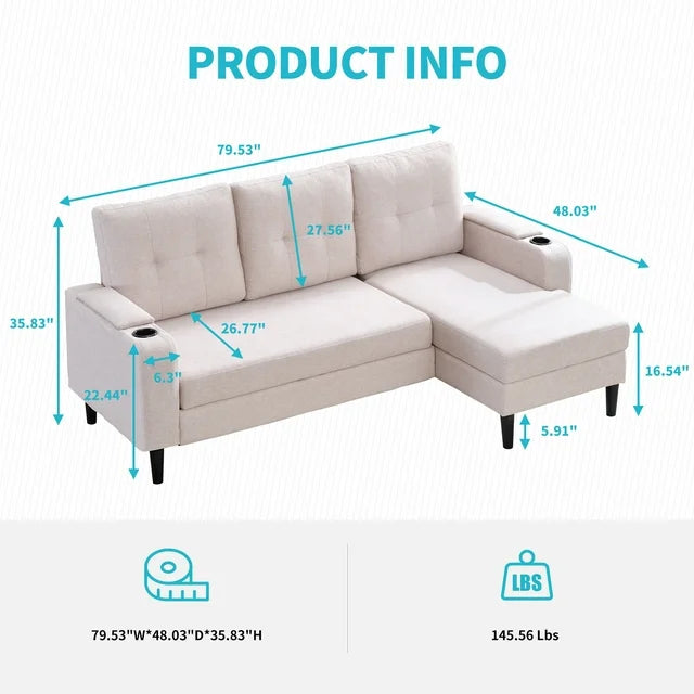 Puremind Sectional Sleeper Sofa with Pull Out Bed, Modern Sectional Sofa with Storage Chaise and Cup Holders, Pull Out Sofa Bed for Living Room, Beige Fabric