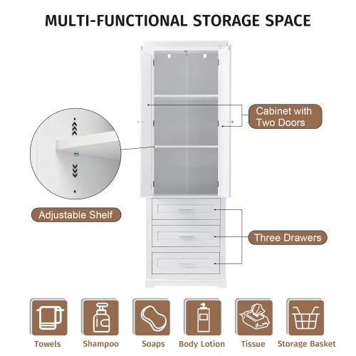 EUROCO 70" Bathroom Floor Tall Storage Cabinet,Kitchen Pantry, Farmhouse Pantry Cabinet with Glass 2 Doors & 3 Drawers and Adjustable Shelves,White