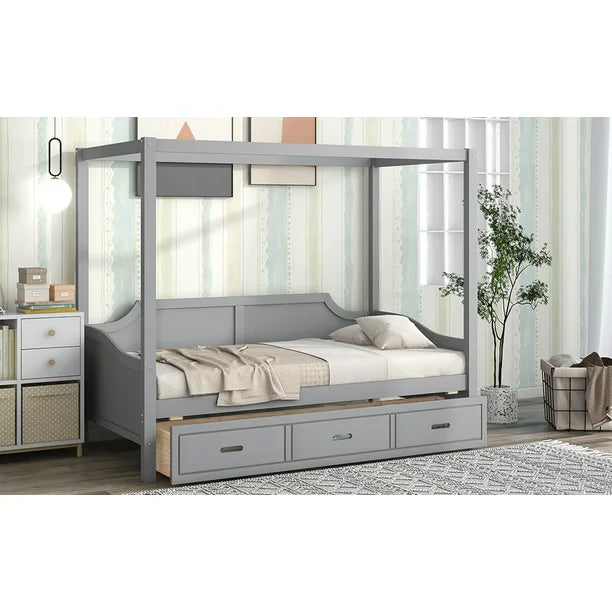 Twin Size Canopy Daybed with 3 in 1 Drawer and Slat Support Leg for Kids Bedroom, Gray