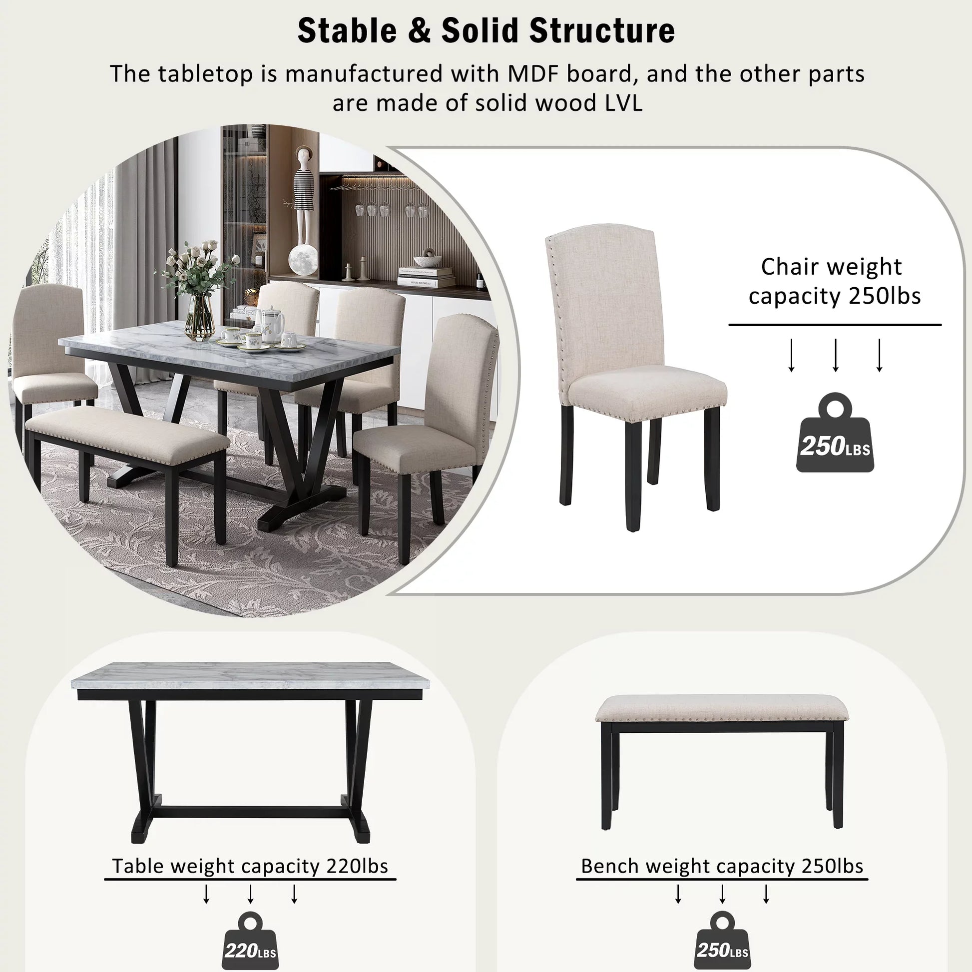 EUROCO 6 Piece Kitchen Dining Table and Chair Set,60” Dining Room Table Set with Marbled Veneers Tabletop,V-shaped Table Legs,4 Fabric Chairs and 1 Fabric Bench,Rectangle Dining Table Set for 6