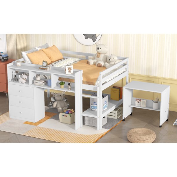 Full Size Pine Wood Loft Bed with Desk, Drawers and a Shelf for Kids Room, White
