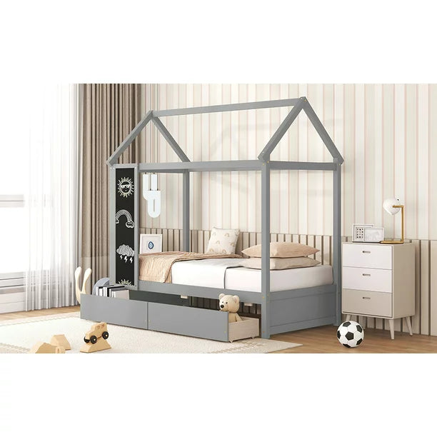Euroco Twin Size House Bed with Drawers and Blackboard for Kids, Gray
