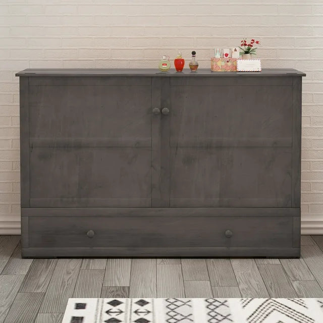 PUREMIND Murphy Bed Cabinet with Built-in Charging Station and Storage Drawer, Solid Wood Cabinet Bed Queen Size with Mattress, Murphy Cube Chest Bed for Guest Room/Home/Office(Style 8/Gray)