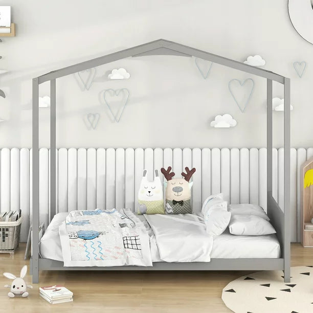 EUROCO Wood Twin Size House Bed with Roof for Kids, Gray
