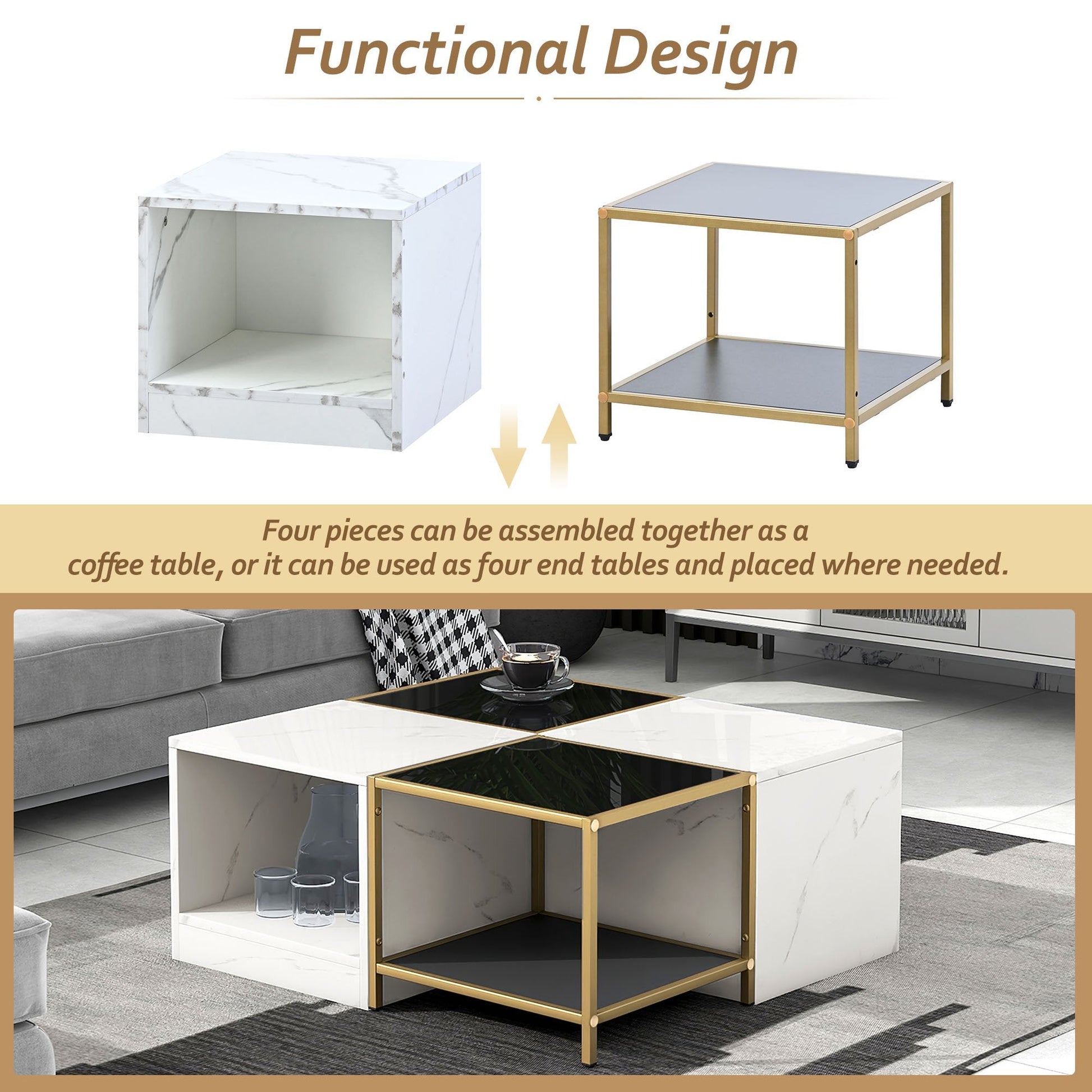 EUROCO 2-layer Modern Coffee Table with Metal Frame, Cocktail Table with High Gloss White Marble Finish, Simply Assemble Square Corner Tables for Living Room, 31.5”x 31.5”