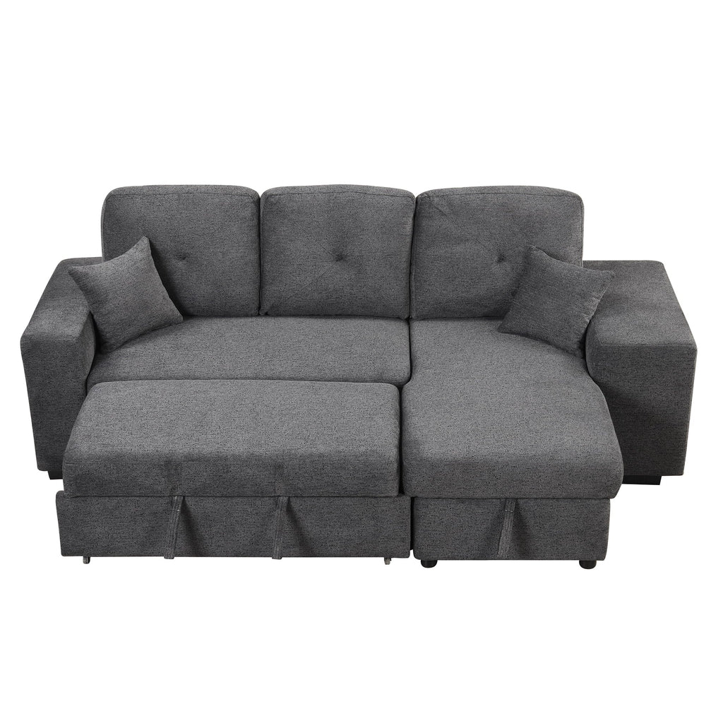 Euroco L-Shaped Sectional Sofa Bed with Side Shelf and 2 Stools, Reversible Sleeper Pull-Out Sofa Bed for Living Room, Dark Gray