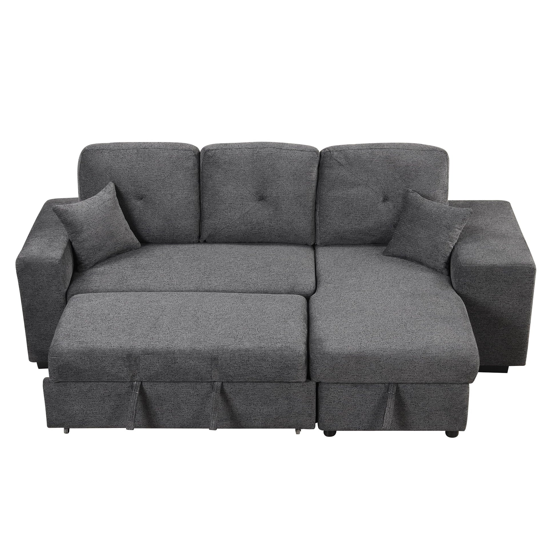 Euroco L-Shaped Sectional Sofa Bed with Side Shelf and 2 Stools, Reversible Sleeper Pull-Out Sofa Bed for Living Room, Dark Gray