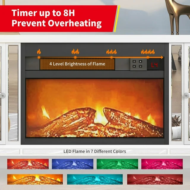 Puremind Mirrored TV Stand for 65+Inch TV, Mirrored Electric Fireplace TV Stand, Mantel Freestanding Heater/7 Colors 3D Realistic Flame Effect, Entertainment Center Furniture for Living Room, Silver