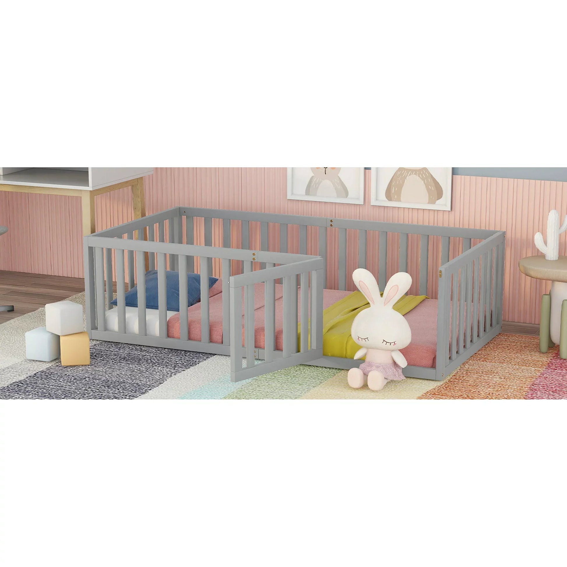 Wood Floor Bed with Fence and Door for Kids, Twin, Gray