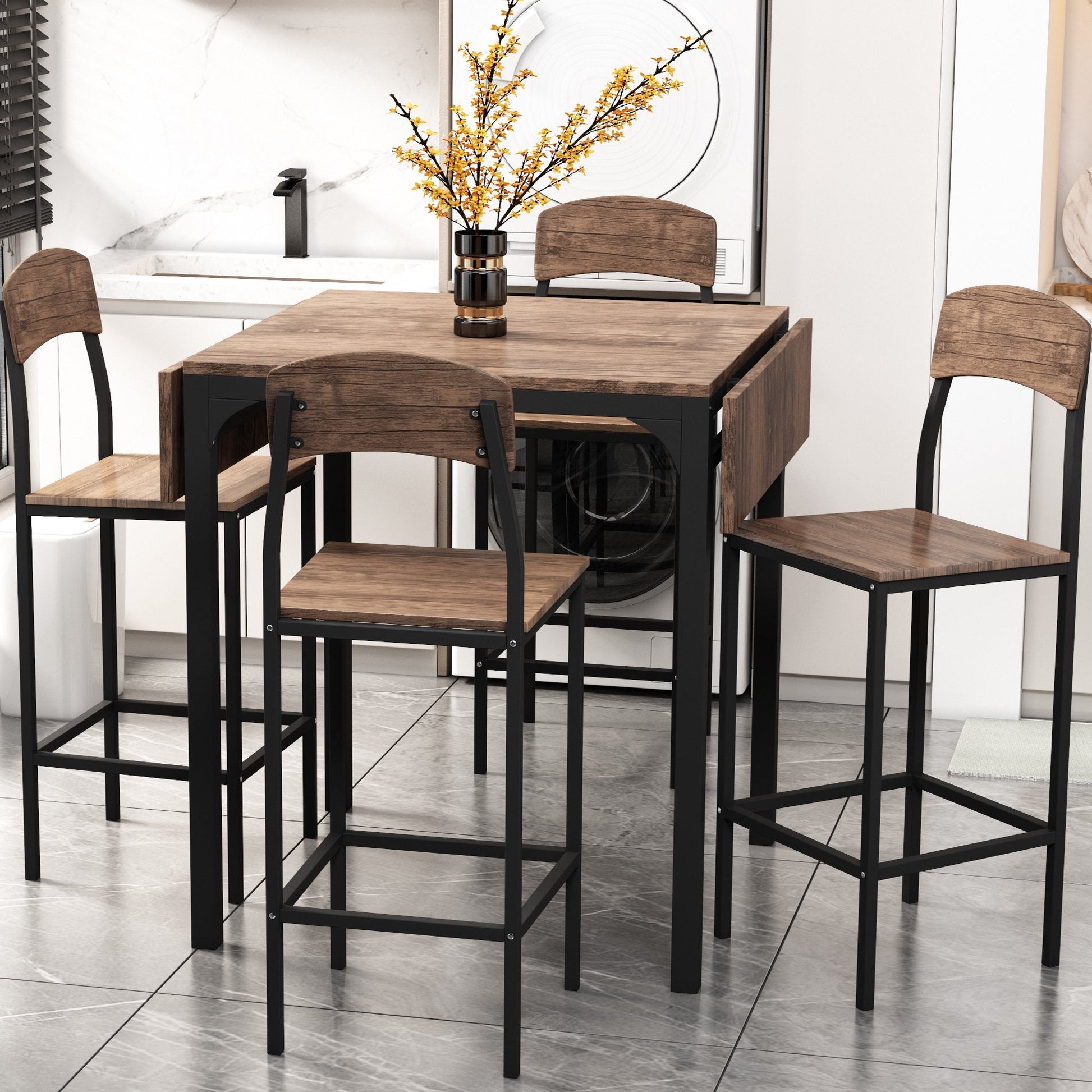 EUROCO 5-piece Farmhouse Counter Height Drop Leaf Dining Table Set, Including Table & 4 Chairs,Black Frame+Brown Tabletop,Set of 5