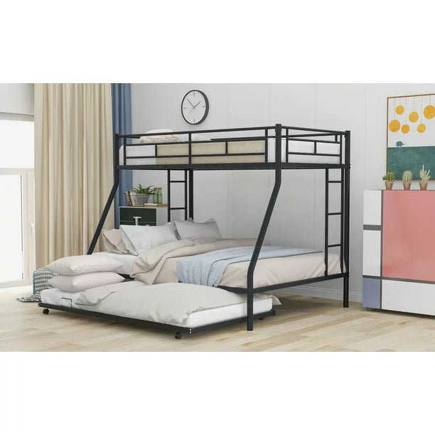Euroco Steel Twin over Full Bunk Bed with Trundle & Ladders, Black