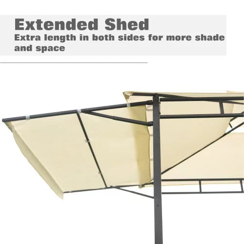 Euroco Patio Grill Gazebo with Bar Counters, Backyard BBQ Grill Shelter Double Tiered Canopy Top with Steel Frame, 12x4.3Ft, Beige