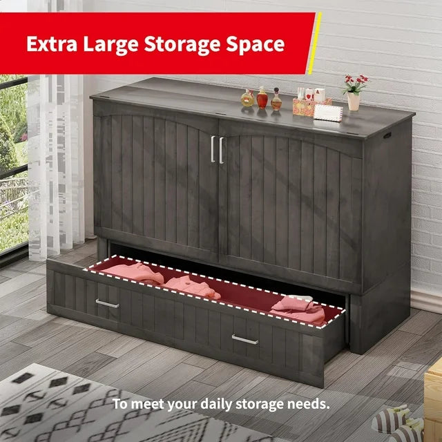 PUREMIND Murphy Bed Cabinet with Built-in Charging Station and Storage Drawer, Solid Wood Cabinet Bed Queen Size with Mattress, Murphy Cube Chest Bed for Guest Room, Home, Office(Style 3/Gray)