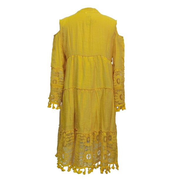 MIARHB Women Dress Fashion Three-Quarter Sleeve Boho Dress Lace Tassel V-Neck Mini Dress, Yellow, M