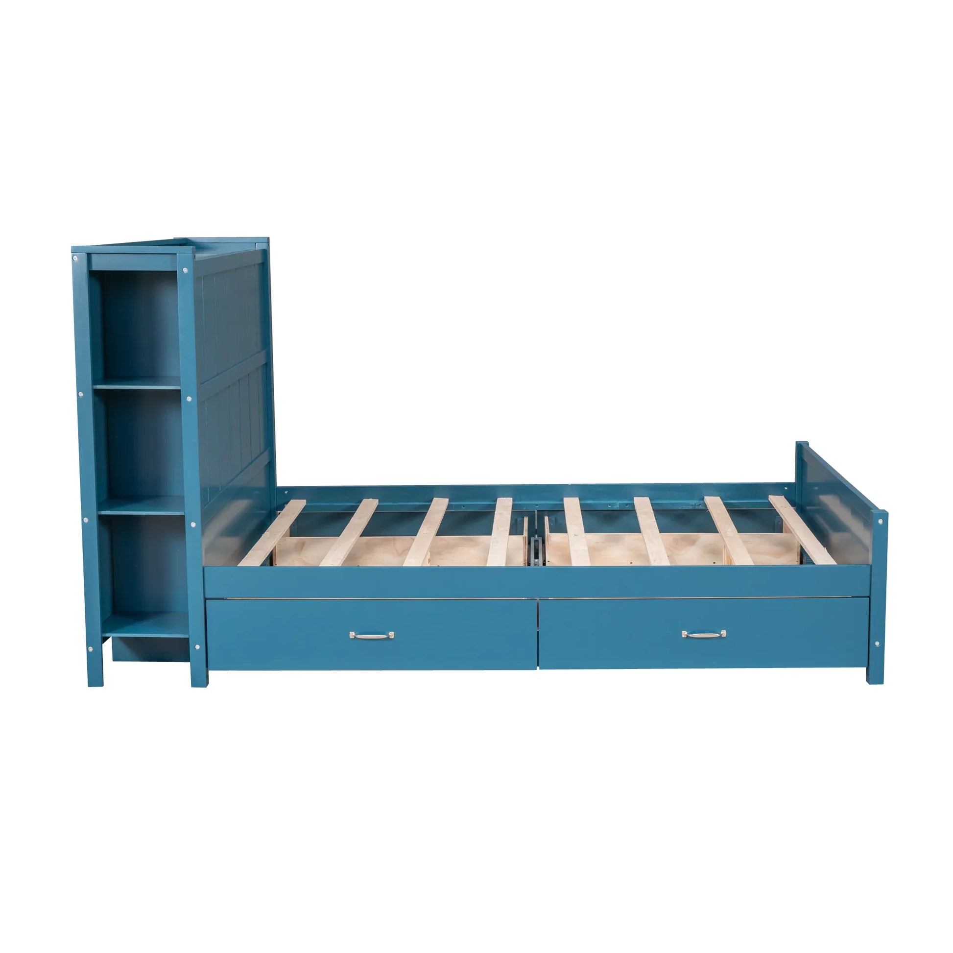 Wood Full Platform Bed with Storage Headboard Shelf and Drawers for Room, Blue