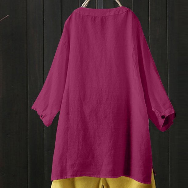 MIARHB Women Solid Stand Collar Long Sleeve Shirt Casual Loose Blouse Button Down Tops, Wine, S
