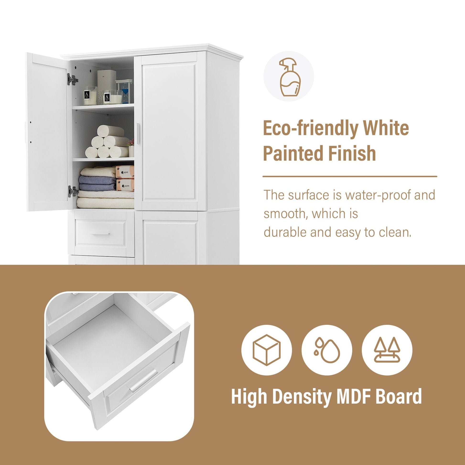 EUROCO 62.2" Bathroom Floor Tall Storage Cabinet,Kitchen Pantry, Farmhouse Pantry Cabinet with Glass 3 Doors & 3 Drawers and Adjustable Shelves,White