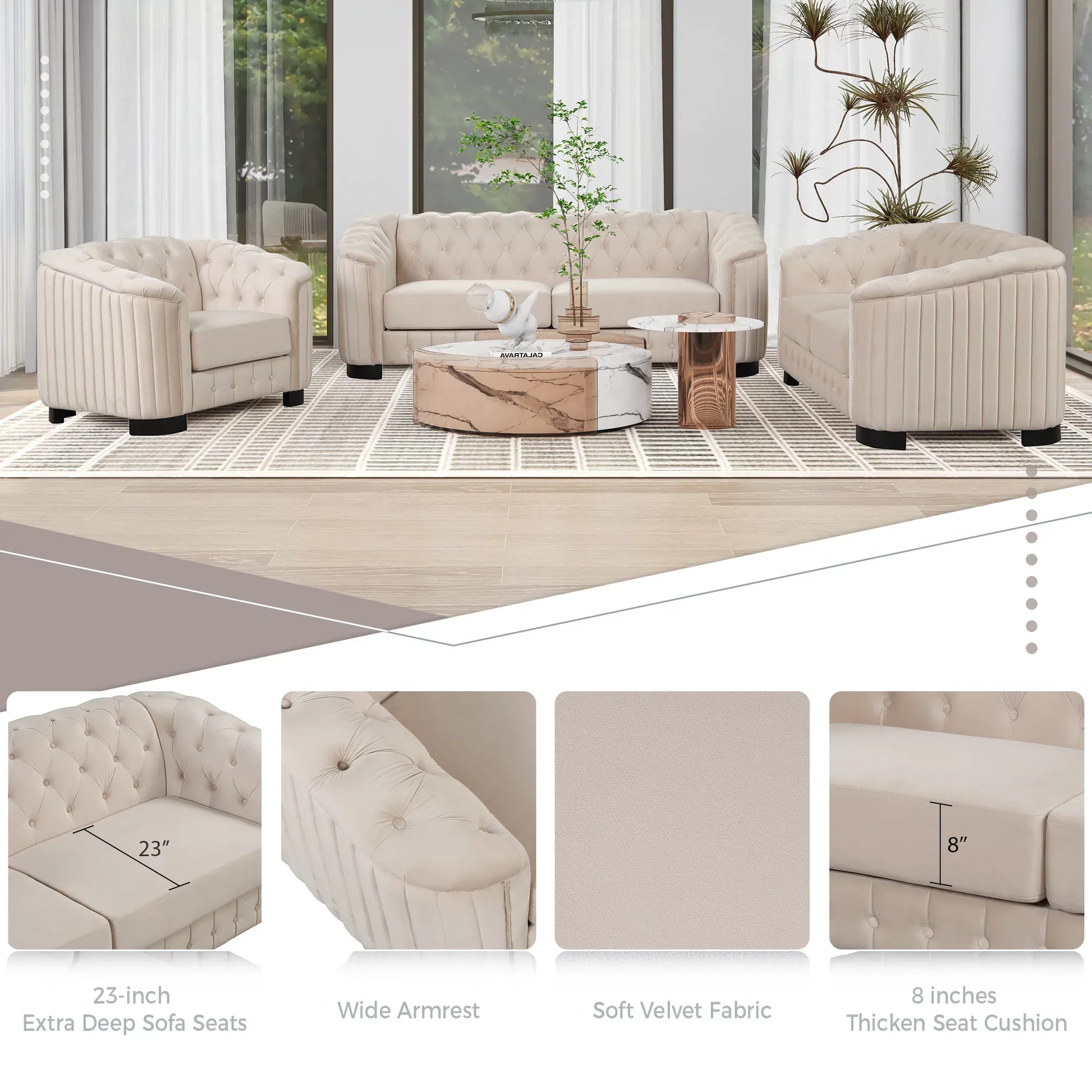 Euroco Modern Single Sofa Chair with Thick Removable Seat Cushion, 41.5" Velvet Upholstered Accent Sofa for Living Room Bedroom, Beige