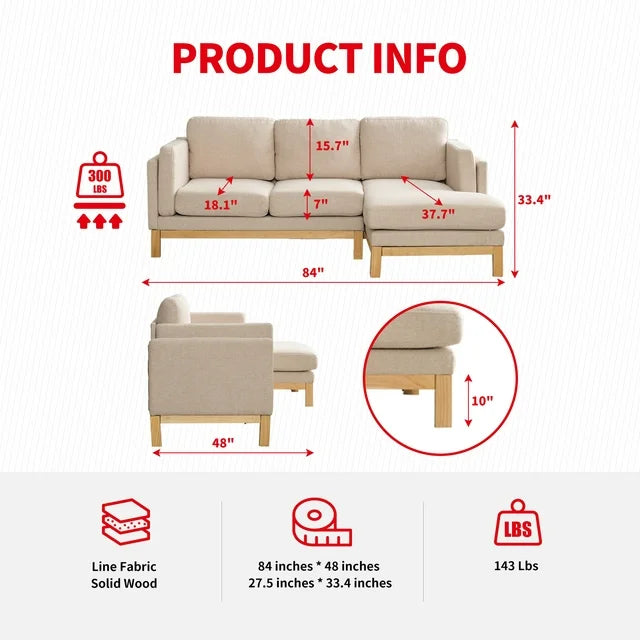 Puremind 84" Sectional Sofa Couch, L Shaped 3-Seat Small Couch for Living Room/Apartment, Modern Upholstered Linen Fabric Sofa with Wide Chaise Lounge, Beige