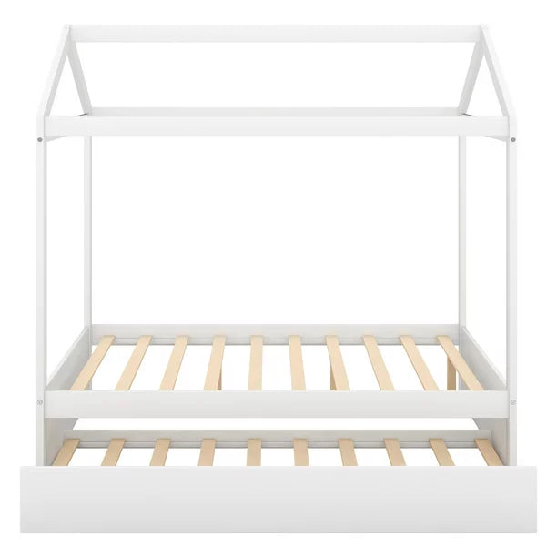 Pine Wood Full Size Beach House Bed with Trundle for Kids Bedroom, White