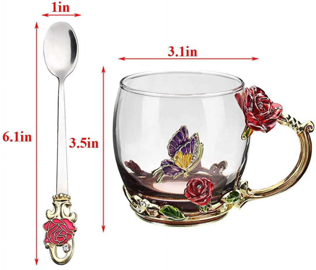Valentine's Day Gifts for Her Mom Women Mother's Day Glass Coffee Enamel Mug, Best Birthday Gifts from Daughter Son, Lead-Free Butterfly Red Rose Tea Cup with Spoon Set