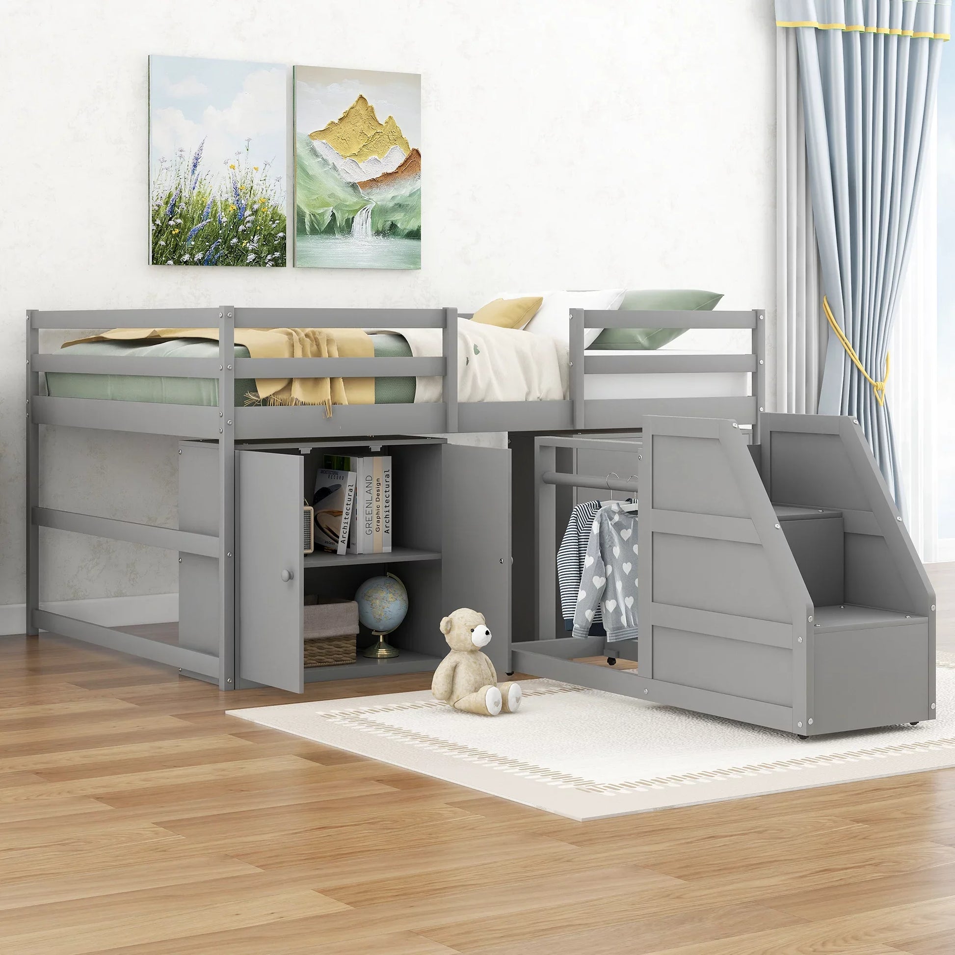 Pine Wood Full Size Loft Bed with Cabinet, Drawers and Clothes Hanger for Kids, Gray