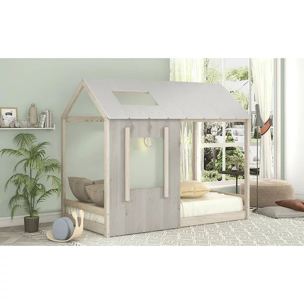 Wood Twin Classic House Platform Bed with Roof and Window for Kids, Gray