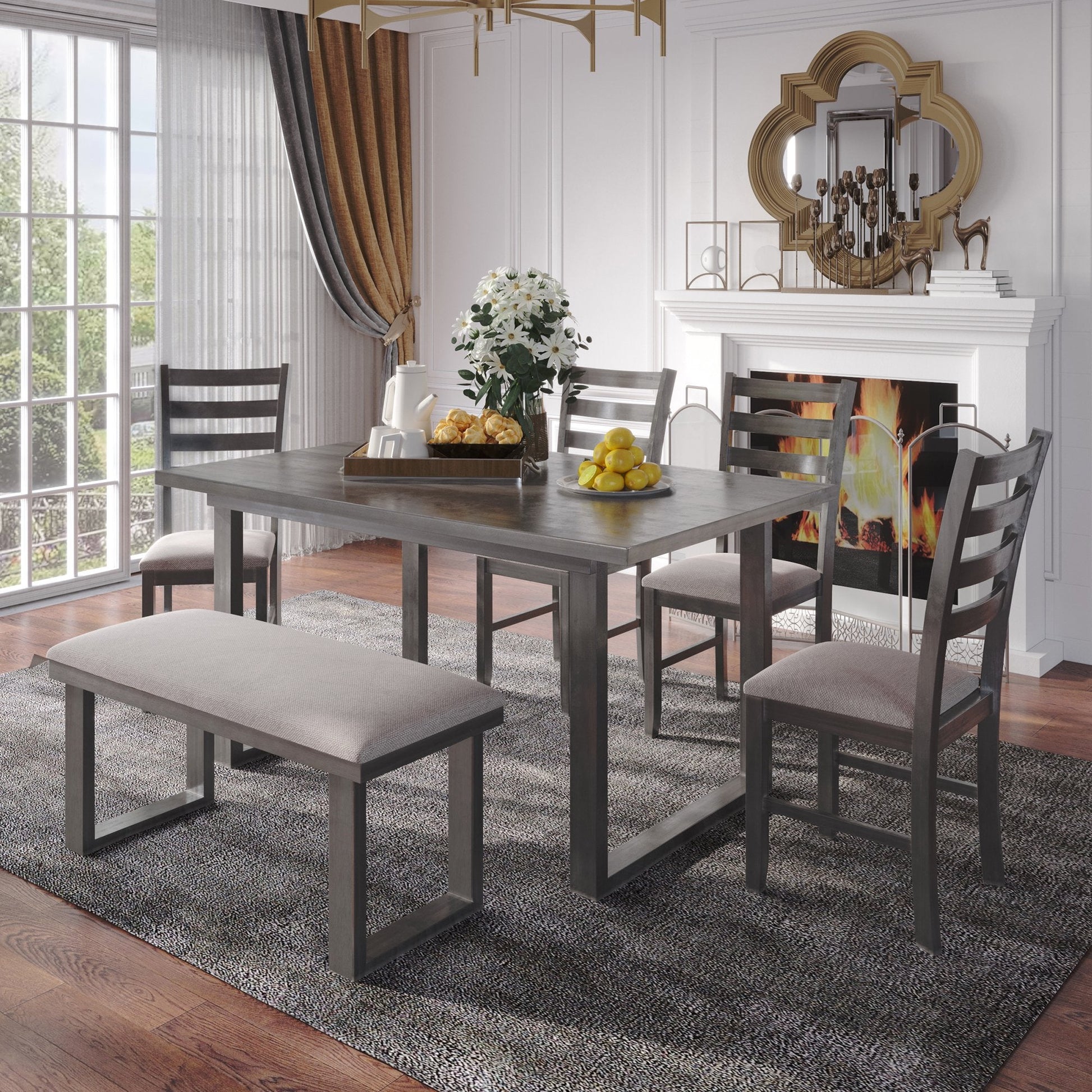 Euroco 6-Pieces Family Furniture, Solid Wood Dining Room Set with Rectangular Table & 4 Chairs with Bench(Gray)