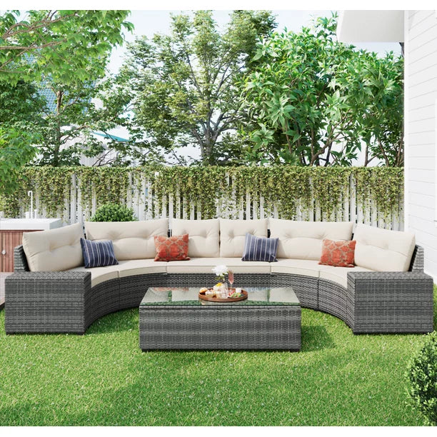 Euroco 8-pieces Outdoor Wicker Sofa Set, Curved Sofa Set With Glass Coffee Table, Half-Moon Sectional Sets PE Rattan Water-resistant and UV Protected, Beige