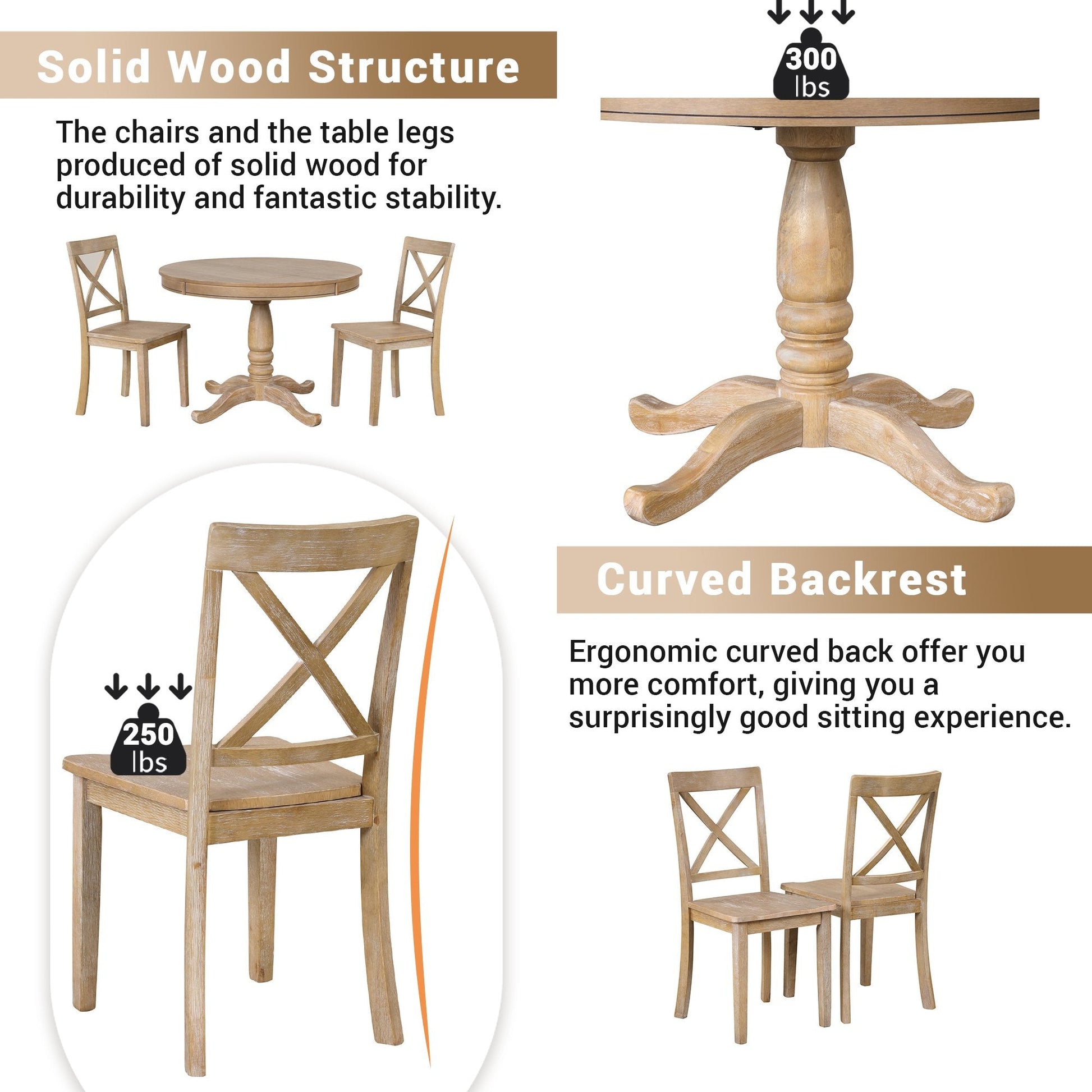 EUROCO 5 Piece Dining Room Table Set,42" Round Dining Table with Extendable Tabletop & Breakfast Nook,Easy Clean Tabletop,Natural Wood Wash