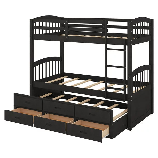 Euroco Twin Over Twin Wood Bunk Bed with Trundle and Drawers for Bedroom, Dark Brown