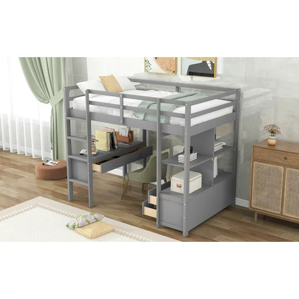 Twin Size Wood Loft Bed with Desk, Drawers and Shelf for Kids Room, Gray