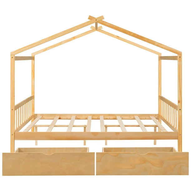 EUROCO Full Size House Platform Bed with Two Drawers for Kids, Natural