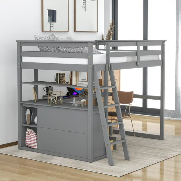 Full Wood Loft Bed with Desk and Cabinets for Kids, Gray