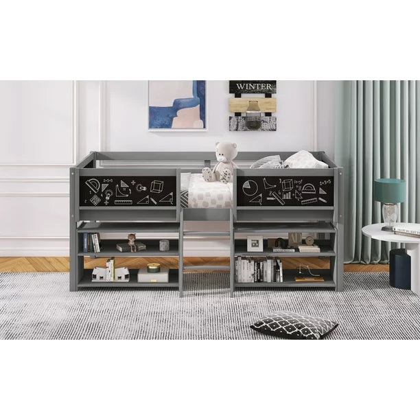 Euroco Kids Twin Size Low Loft Bed with Chalkboards for Bedroom, Gray