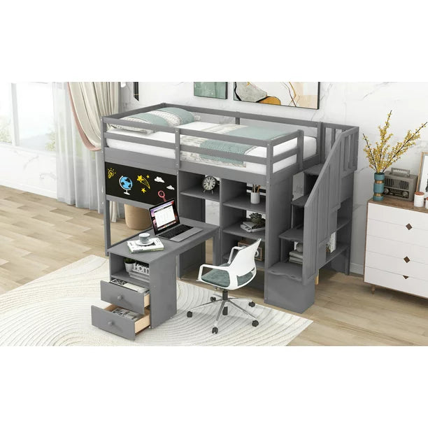 Pine Wood Loft Bed with Storage Staircase, Desk, Drawers and Blackboard for Kids, Twin, Gray