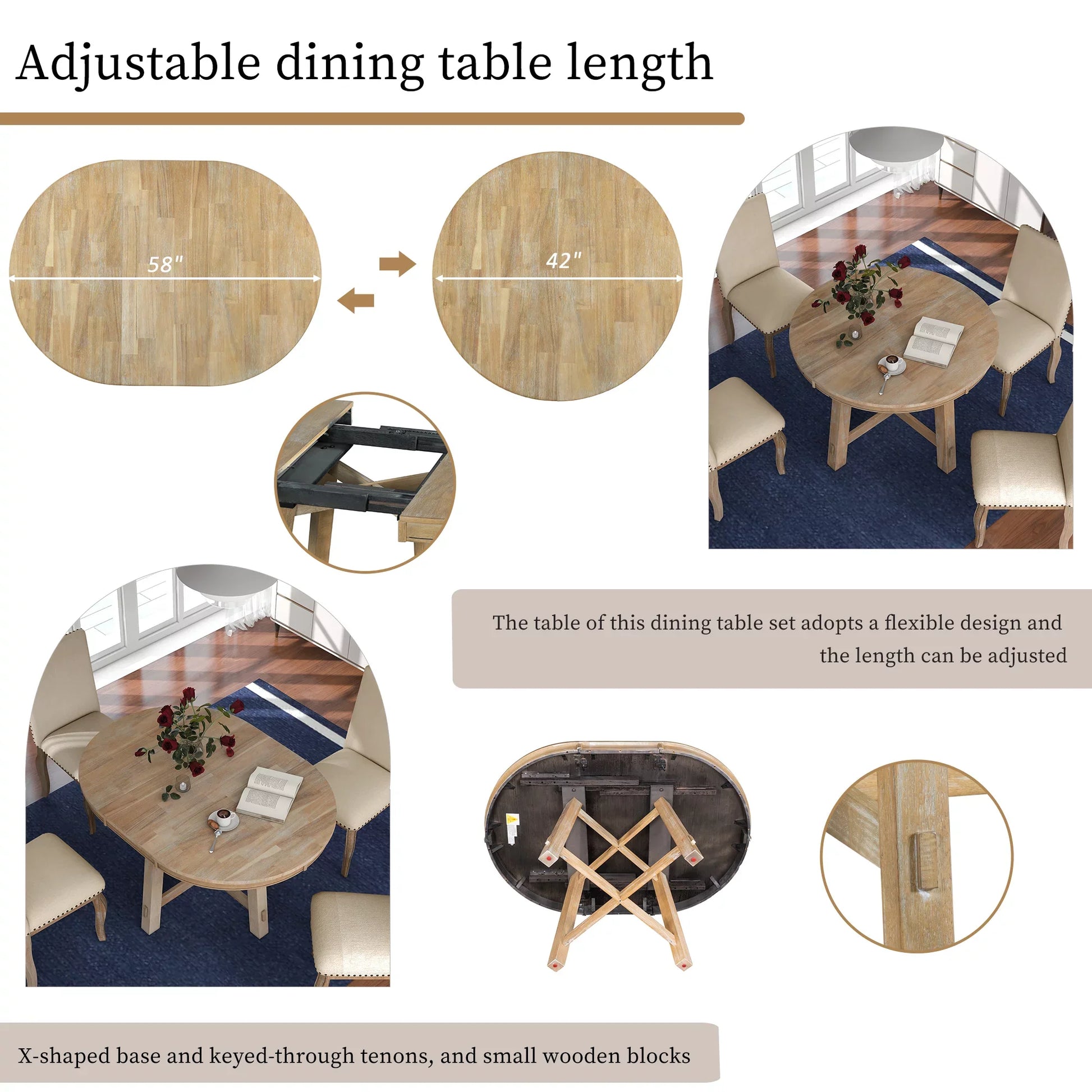 Euroco 5-Piece Farmhouse Dining Table Set Wood Round Extendable Dining Table and 4 Upholstered Dining Chairs (Natural Wood Wash)