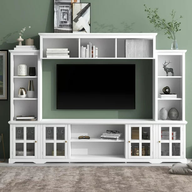 EUROCO Modern TV Console for TVs Up to 70”, Minimalism Style Entertainment Wall Unit with Bridge,Multifunctional TV Stand with Tempered Glass Door, White