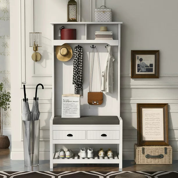 EUROCO 68.9" Entryway Hall Tree with Storage Bench and Coat Rack, 4 Hooks, 2 Shelves for Hallway Living Room Bedroom Home,White