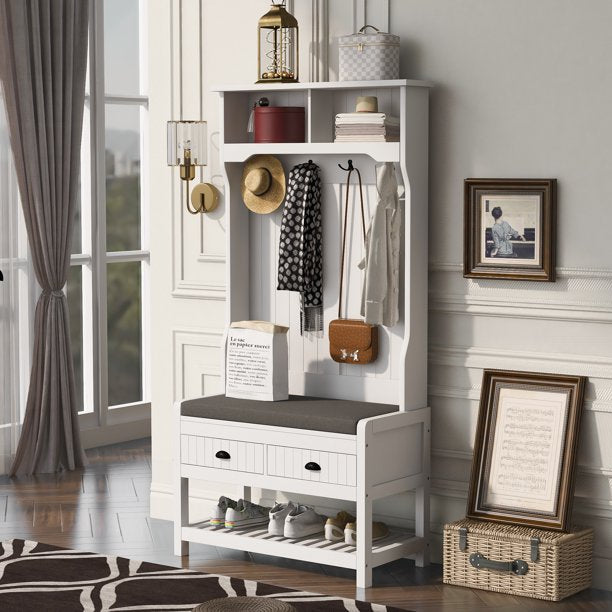 EUROCO 68.9" Entryway Hall Tree with Storage Bench and Coat Rack, 4 Hooks, 2 Shelves for Hallway Living Room Bedroom Home,White