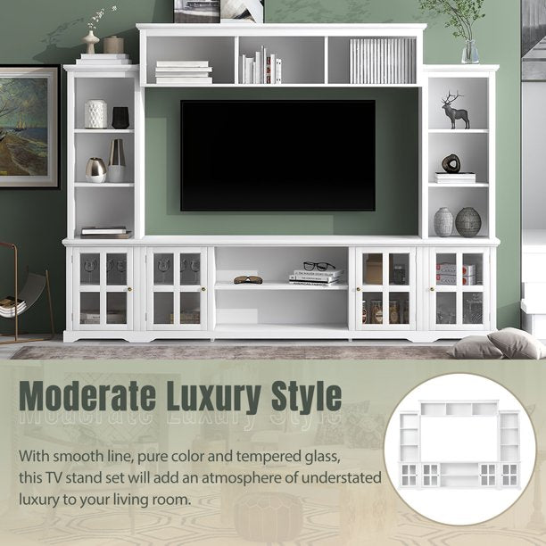 EUROCO Modern TV Console for TVs Up to 70”, Minimalism Style Entertainment Wall Unit with Bridge,Multifunctional TV Stand with Tempered Glass Door, White