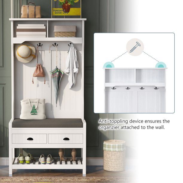 EUROCO 68.9" Entryway Hall Tree with Storage Bench and Coat Rack, 4 Hooks, 2 Shelves for Hallway Living Room Bedroom Home,White