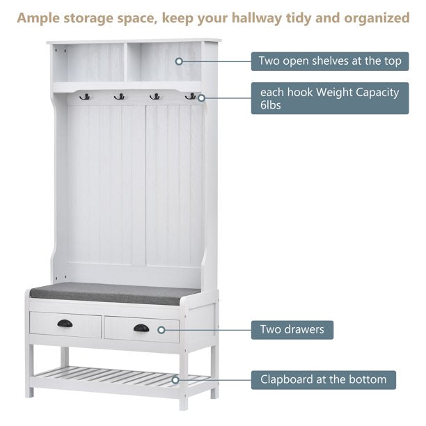 EUROCO 68.9" Entryway Hall Tree with Storage Bench and Coat Rack, 4 Hooks, 2 Shelves for Hallway Living Room Bedroom Home,White