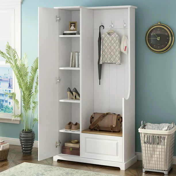 EUROCO 70.35" Entryway Hall Tree with Storage Bench and Coat Rack, 3 Hooks, Adjustable Shelves for Hallway Living Room Bedroom Home,White
