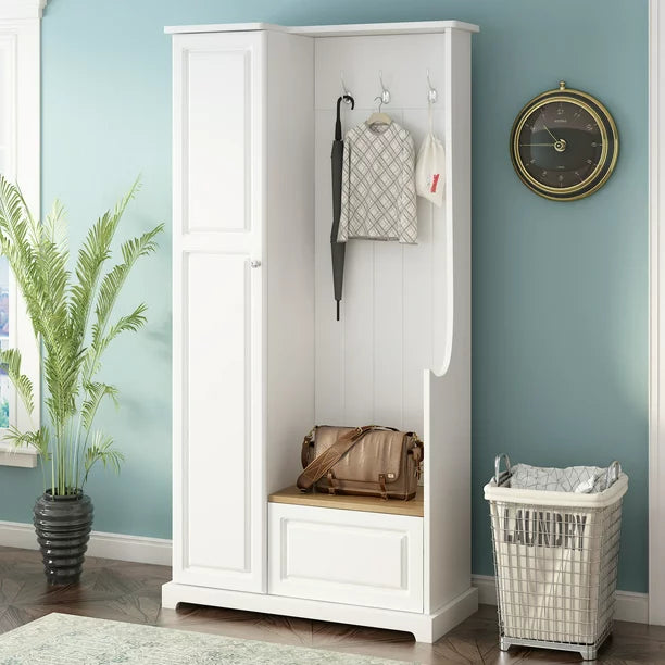 EUROCO 70.35" Entryway Hall Tree with Storage Bench and Coat Rack, 3 Hooks, Adjustable Shelves for Hallway Living Room Bedroom Home,White