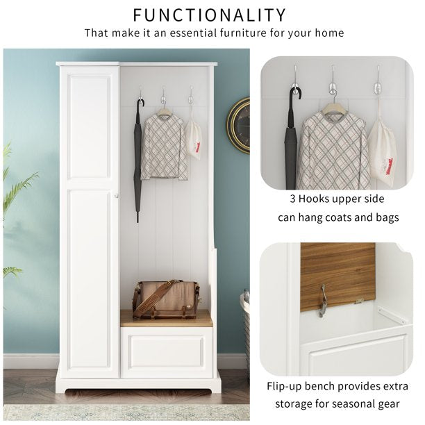 EUROCO 70.35" Entryway Hall Tree with Storage Bench and Coat Rack, 3 Hooks, Adjustable Shelves for Hallway Living Room Bedroom Home,White