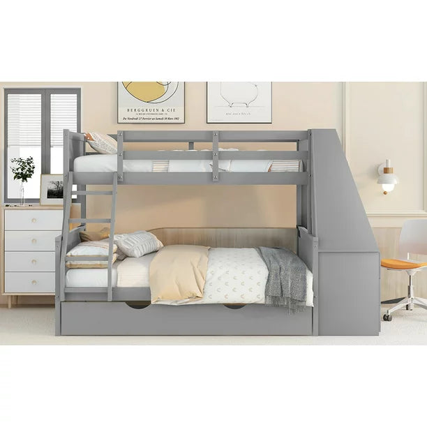 EUROCO Twin over Full Bunk Bed with Trundle and Attached Cabinet, Desk and Drawers, Gray