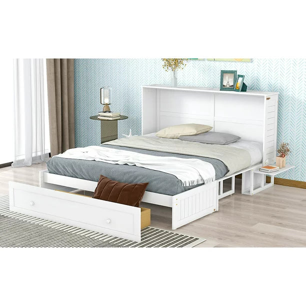 EUROCO Queen Size Murphy Bed with Shelf and Drawer for Adult Bedroom, White
